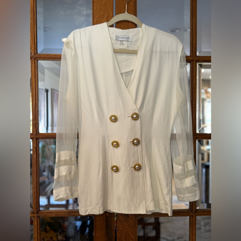 Vintage! Women’s Paris Sport Club white blouse, sheer arms. Size small.